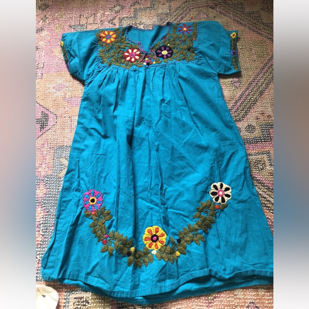 Mexican Multi Floral Embroidery Dress in blue s